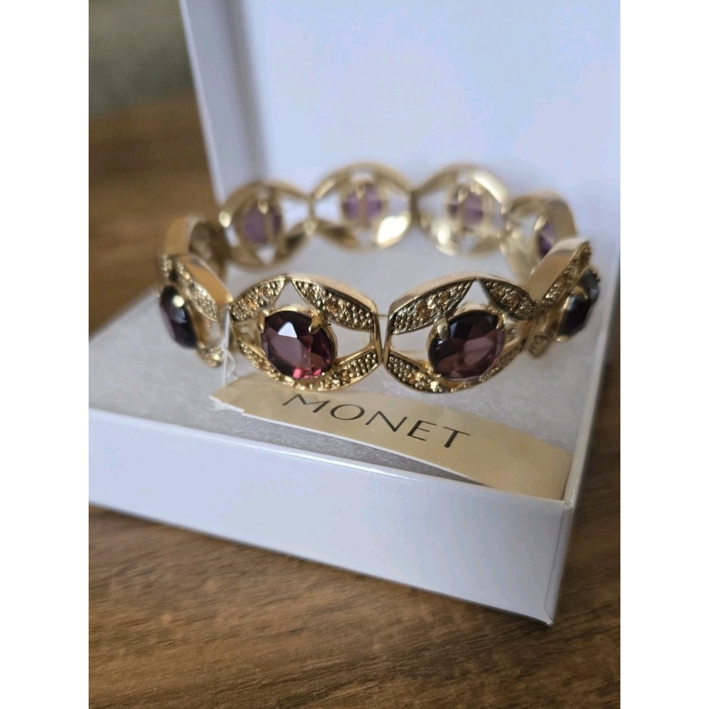 2007 Monet Expandable Gold Tone Faux Amythest Ornate Bracelet Estate NWT - Picture 8 of 10